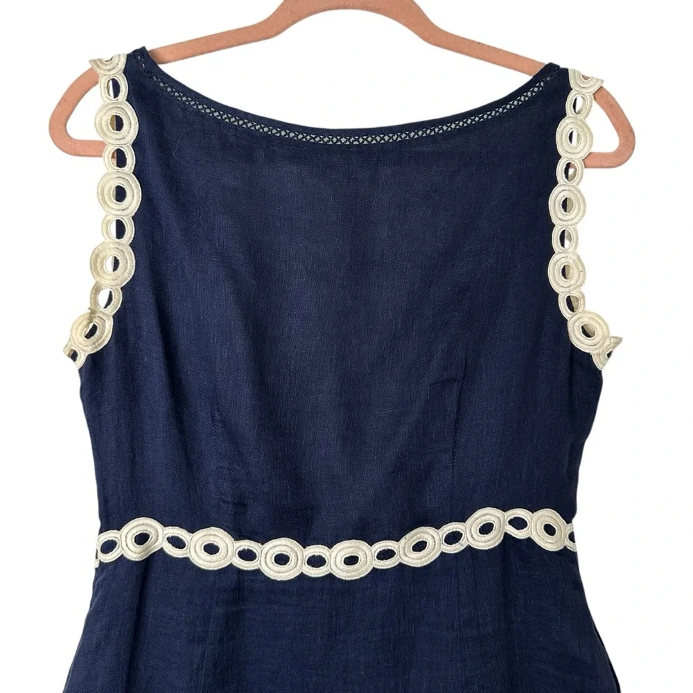 TORY‎ BURCH Linen Dress Navy Blue White Appliqué Eyelet Resort Coastal Chic Sz 6